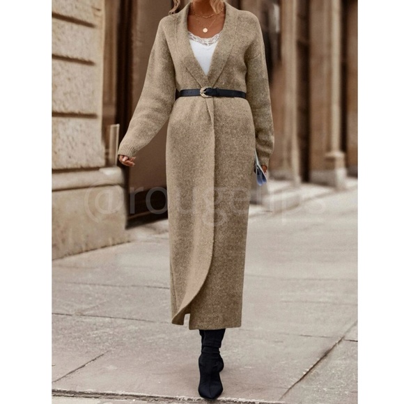 Tan Duster Shawl Cardigan Knit Long Open Long Sleeve - Picture 6 of 9